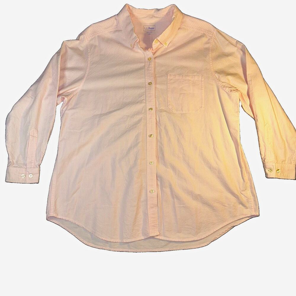 LL Bean Shirt Womens 2X Pink White Striped Cotton Button Up Long Sleeve Oxford